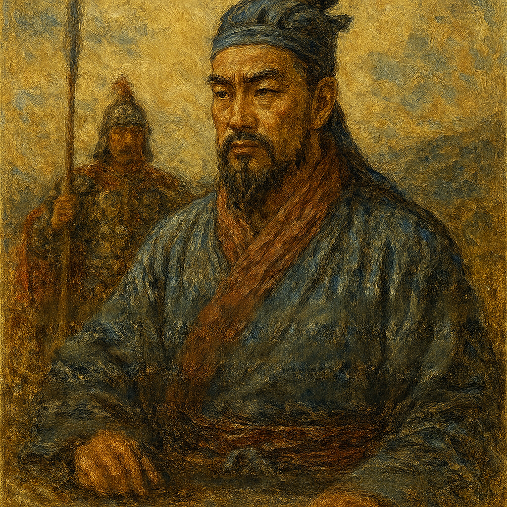 Porträt eines chinesischen Gelehrten mit Wächter im Hintergrund, im Stil klassischer Sunzi-Darstellungen – Sinnbild für Souveränität und Selbsterkenntnis