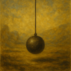 Eine dunkle Kugel hängt reglos an einem Faden vor goldenem Himmel – Sinnbild für kollektive Systeme, die individuelle Souveränität untergraben