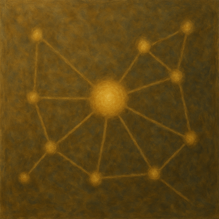 Leuchtendes, sternförmiges Netzwerk-Diagramm mit einem zentralen Knotenpunkt – Sinnbild für individuelle Souveränität in vernetzten Systemen