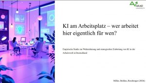 Titelfolie der Präsentation „KI am Arbeitsplatz – wer arbeitet hier eigentlich für wen?“ mit futuristischer Büro-Illustration, AKAD University Logo und Autoren Miller, Bohlen, Rossberger (2026)