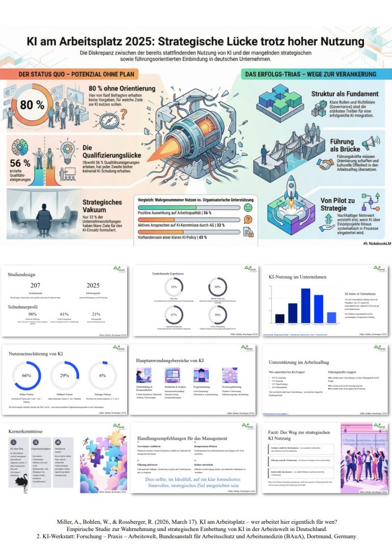 Forschungsposter „KI am Arbeitsplatz 2025: Strategische Lücke trotz hoher Nutzung“ mit Studienergebnissen zu KI-Nutzung, Qualifizierungslücke und Handlungsempfehlungen für das Management