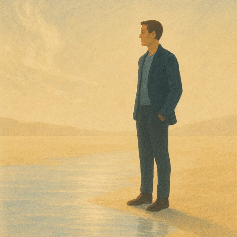 Illustration eines nachdenklichen Mannes im Anzug an einem ruhigen Ufer – Sinnbild für innere Klarheit und Souveränität