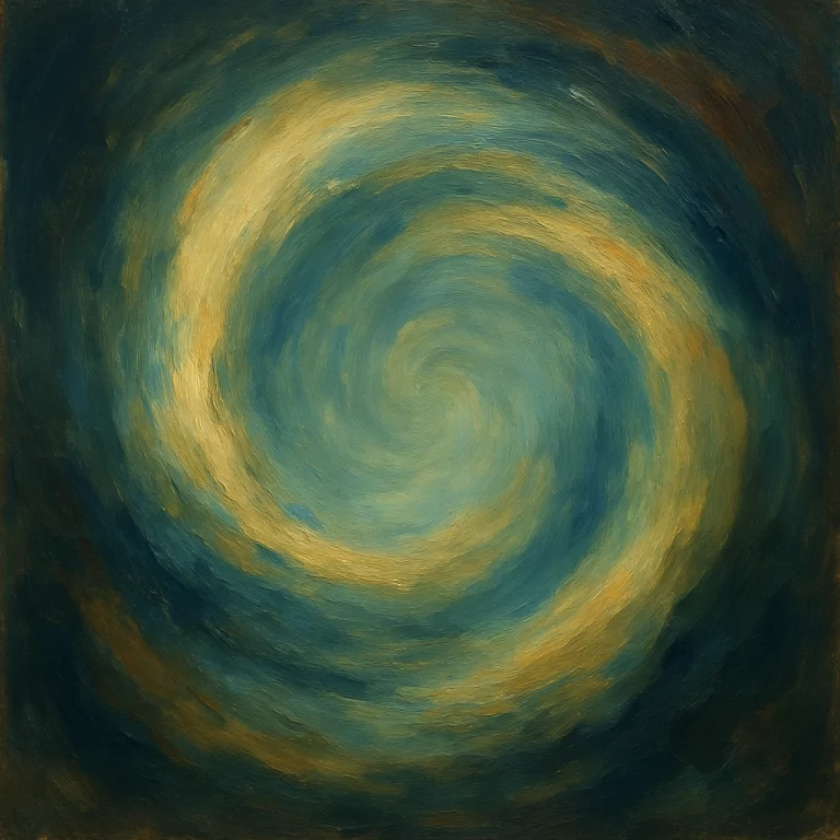Zwei ineinander verschlungene, sich drehende Spiralen in Blau- und Goldtönen – Sinnbild für den Synergiekreis der Souveränität