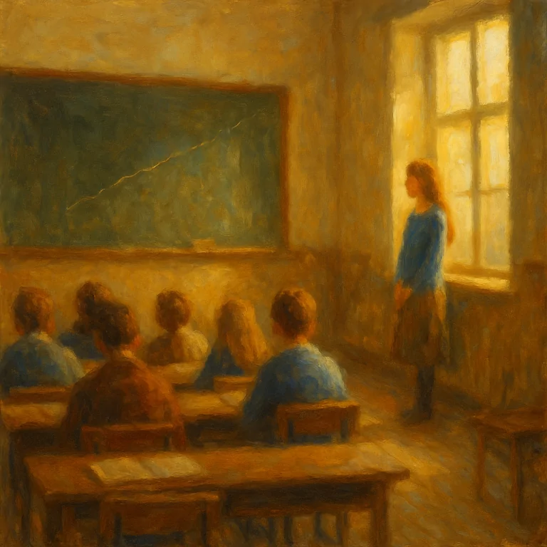 Klassenzimmer mit Schülern und Lehrerin am Fenster vor leerer Tafel – Sinnbild dafür, dass das heutige Bildungssystem keine Souveränität erzeugt